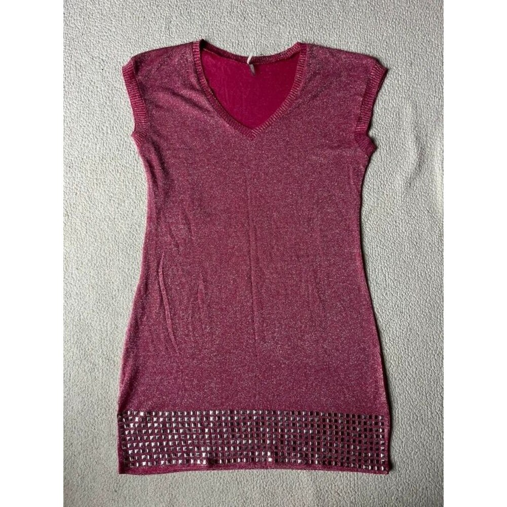 Vintage Y2K Max Rave Pink Rhinestone Tunic Top Dress Metallic Womens XL
